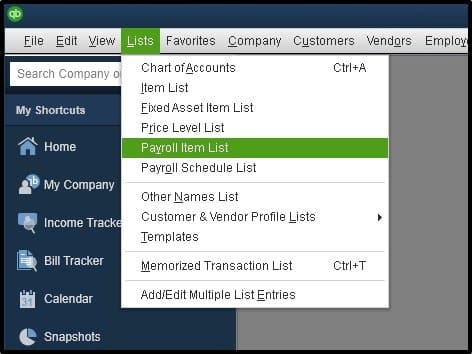 Payroll Item List - Screenshot Image