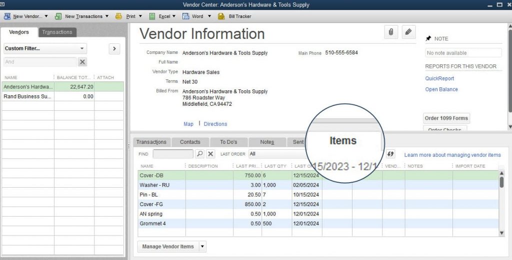 Procedure for viewing vendor items