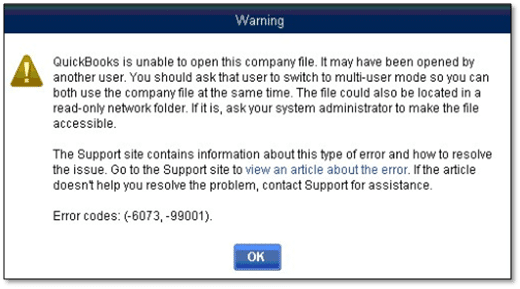 QuickBooks Error Code 6073 and 99001 - Screenshot Image