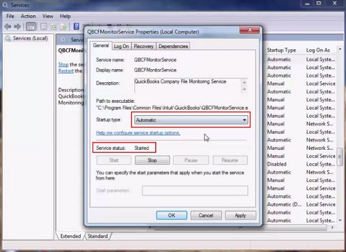 Start Services in QuickBooks - Screenshot