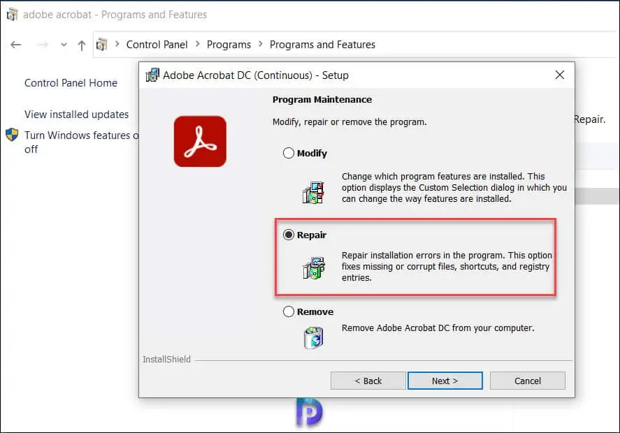 Repair the Adobe Reader - Image