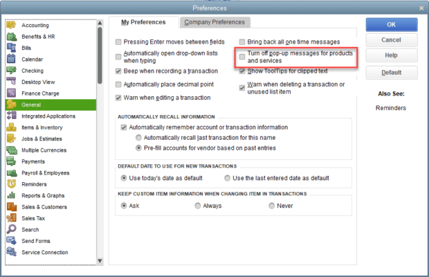 Turning off the pop-up messages for products and services - Image