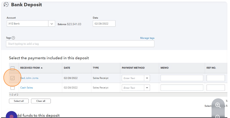 Checkboxes for the deposits - Image