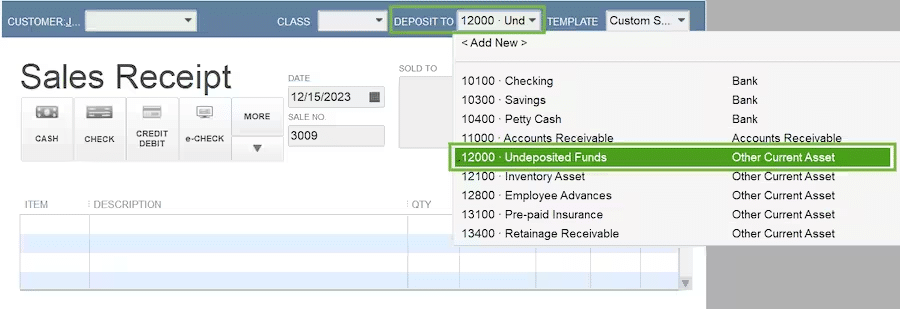 Deposit to on a Sales Receipt QuickBooks Desktop - Image