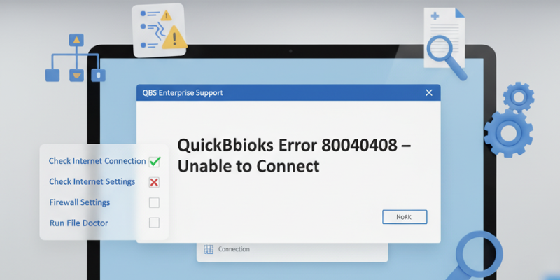 Accountant repairing QuickBooks connection problems and Error 80040408 using QuickBooks Tool Hub and Database Server Manager on a desktop computer.
