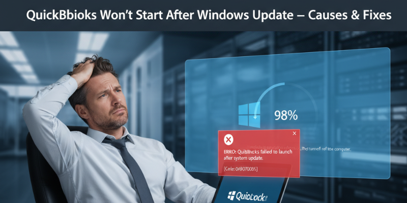 Frustrated business professional sitting at a desk with a laptop showing a QuickBooks error after a Windows update, representing software startup issues.