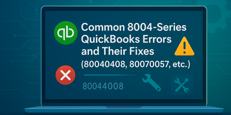 Accountant troubleshooting common 8004-series QuickBooks errors like 80040408, 80070057, and 80029c4a on a Windows desktop.