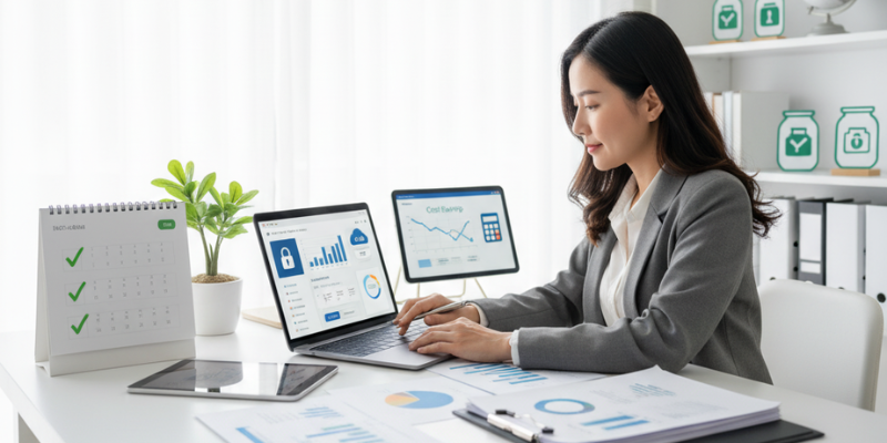 Remote bookkeeper managing business accounts and financial reports on a laptop using cloud-based accounting software.