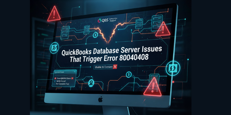 QuickBooks Database Server error 80040408 showing broken server connection with warning symbols and data sync failure