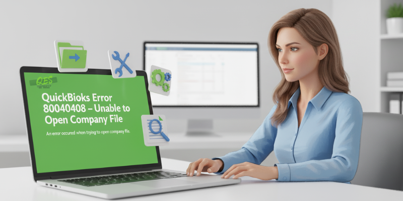 Accountant fixing QuickBooks Error 80040408 while opening a company file using QuickBooks Tool Hub on a laptop.