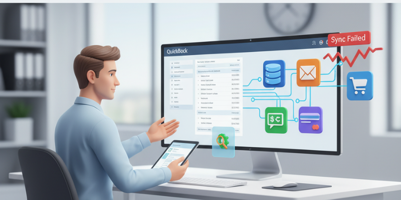 Accountant fixing QuickBooks integration sync error between QuickBooks Desktop and third-party apps using Web Connector and Tool Hub.
