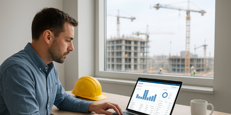 Construction contractor reviewing financial reports and job costing data on a laptop for bookkeeping management.