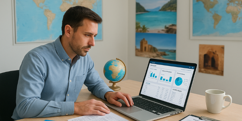Travel agency accountant managing client deposits, vendor payments, and commissions using accounting software on a laptop.